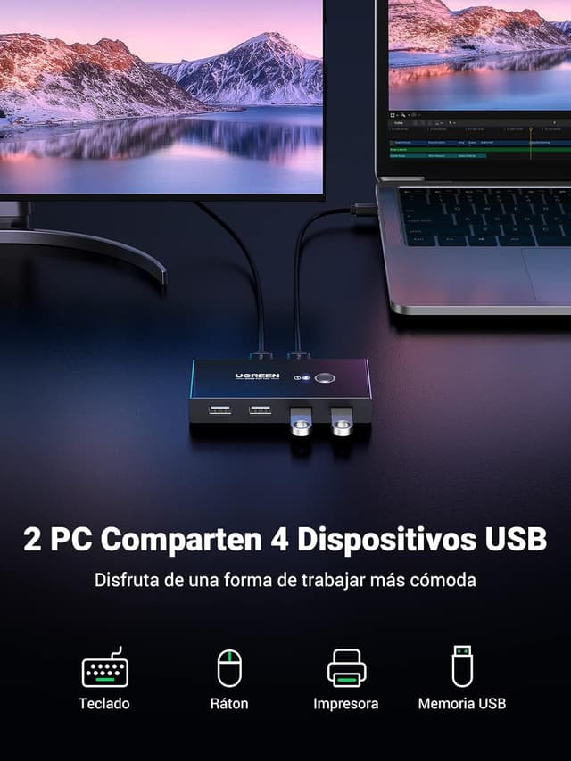Detalle 2 de UGREEN Switch USB 2.0, Conmutador para 4 Dispositivos ⚙