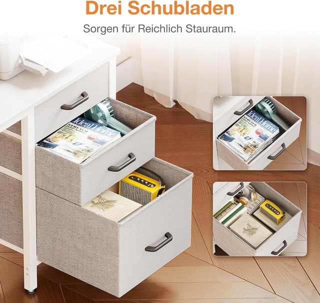 Detalle de Coleshome Schreibtisch mit 3 Stoffschubladen, reversibel (100 × 48 cm) – weißer PC-/Home-Office-Tisch