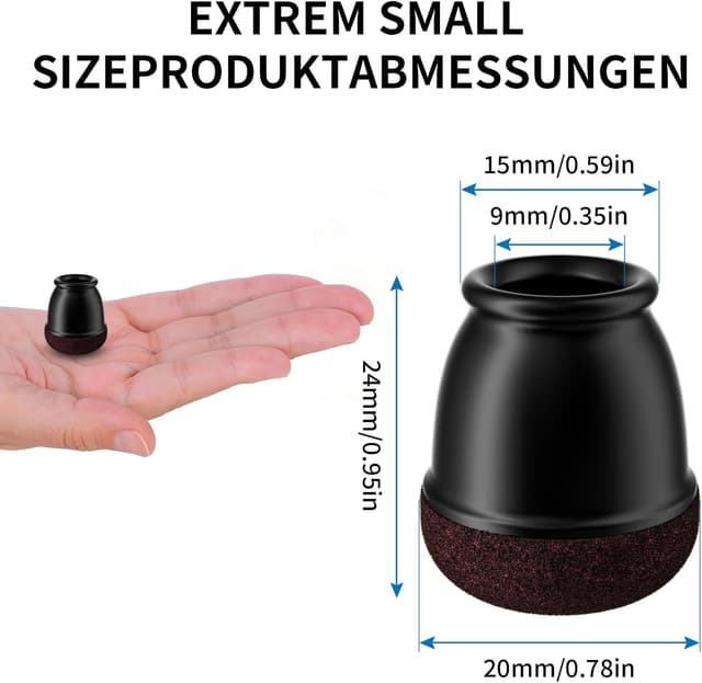 Detalle de Ezprotekt Stuhlbeinkappen aus Silikon (Ø 10–15 mm), schwarz, mit Filz – 16 Stück
