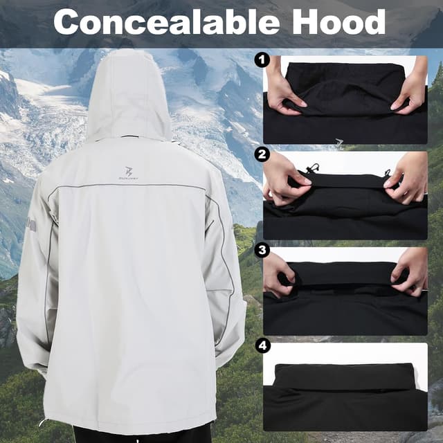 Detalle de Burjosy Herren Regenanzug – wasserdichte Regenjacke und Regenhose mit Kapuze, reflektierenden Streifen & Packfunktion