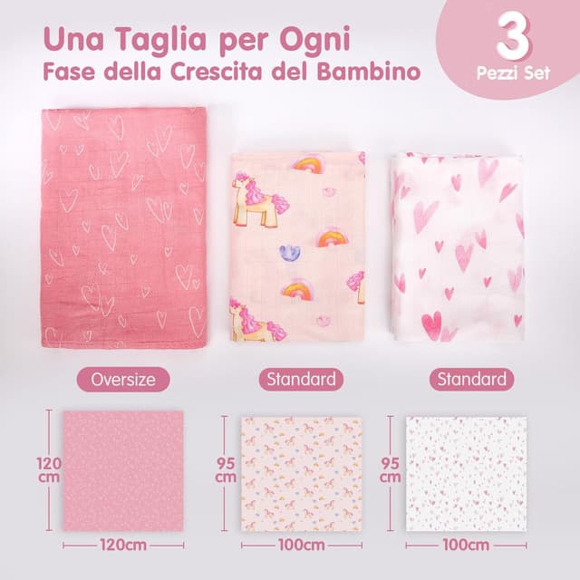 Detalle de Hahaland Mussole Neonato in cotone bambù 100% naturale – Set copertine per fasciare (120x120 cm e 100x95 cm)