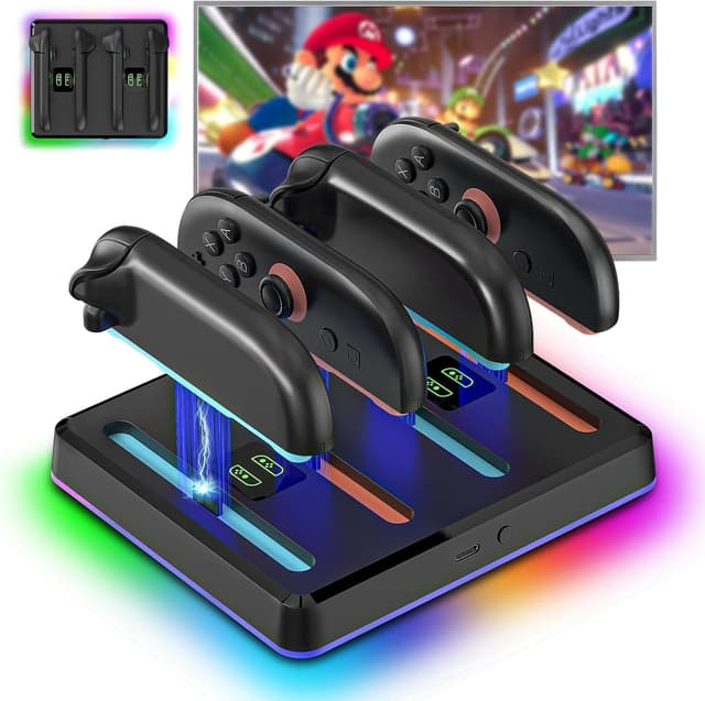 Detalle de NANANINO Magnetic Charging Dock for Switch 2 Joy-Cons (4-in-1 fast charger, wall mount & RGB)