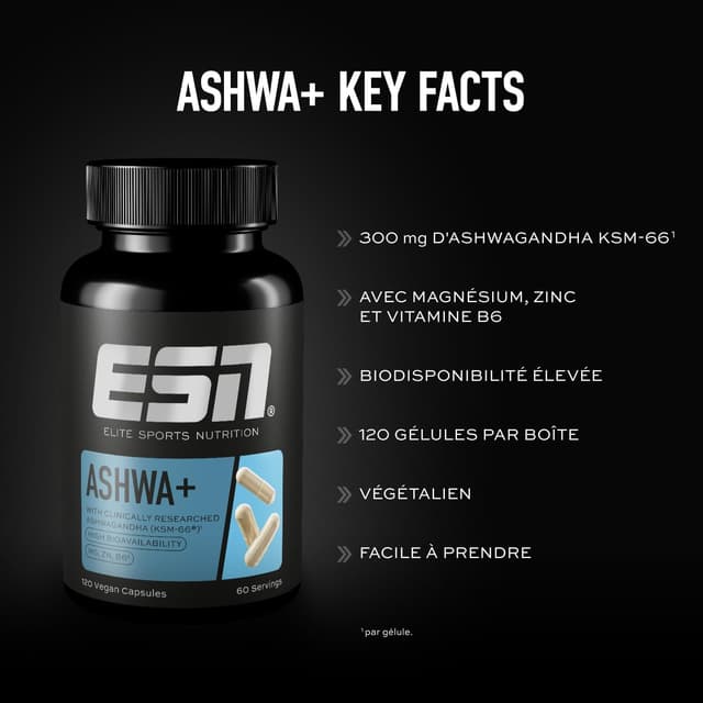 Detalle de ESN Ashwa + (KSM-66®) : ashwagandha hautement dosé avec magnésium, zinc et vitamine B6