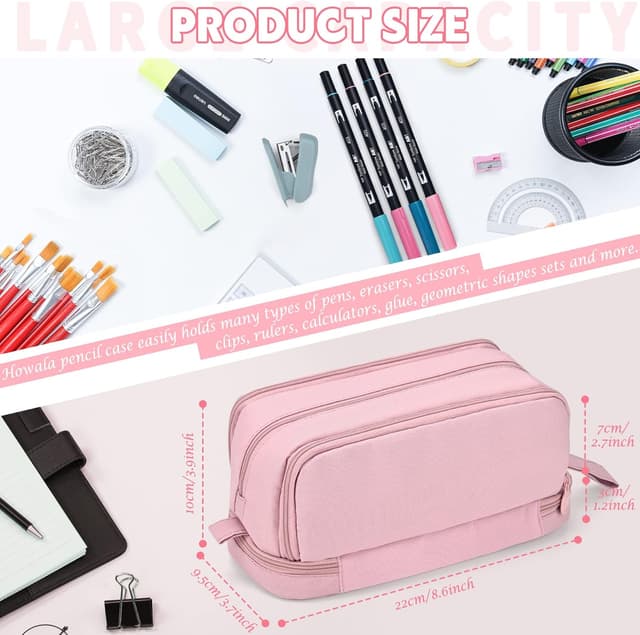 Detalle 2 de Howala Large Capacity Pencil Case with 4 Compartments (Pink) – canvas pen pouch for school and travel