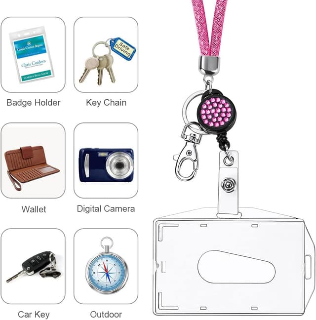 Detalle de Vicloon Lanyard mit Kartenhalter (Kristall-Lanyard) inkl. ausziehbarem Ausweishalter – Pfirsichfarbe