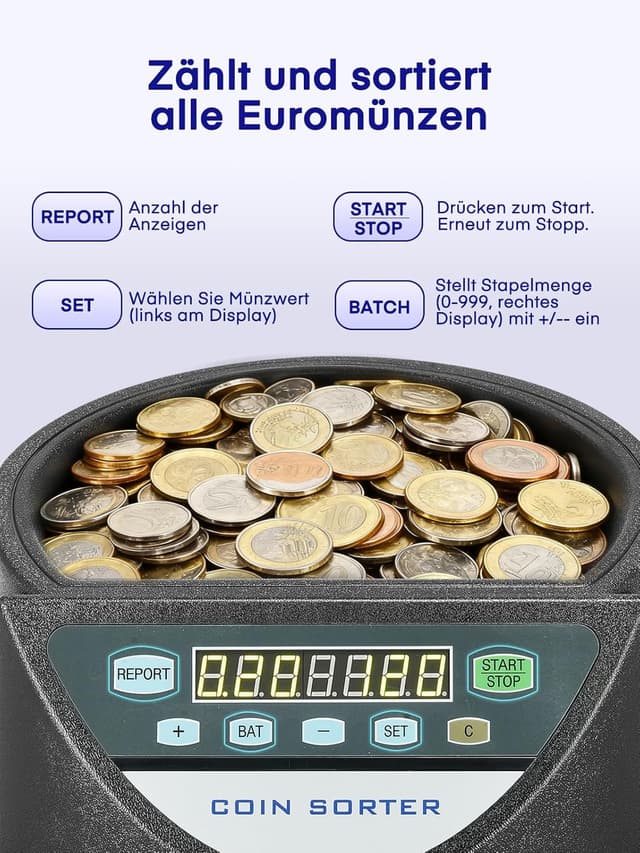 Thumbnail 6 de Münzzähler Euro Sortierer (Münzen Zählmaschine) mit 8 Auffangboxen, 7‑stelliger LED-Anzeige – 800 Münzen Kapazität, schwarz