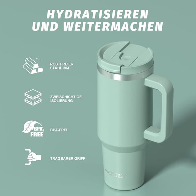 Detalle 2 de WATERSY 1,2 l Thermobecher mit 2 Strohhalmen – vakuumisoliert, BPA-frei, auslaufsicher unterwegs (Retro Grün)