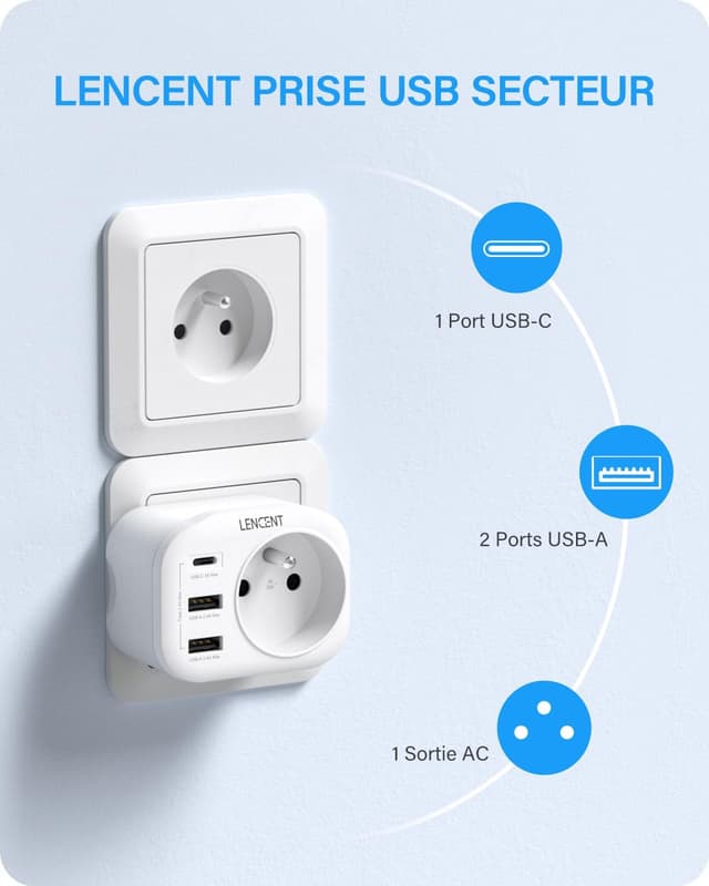 Thumbnail 1 de LENCENT Prise USB 4 en 1 4000W