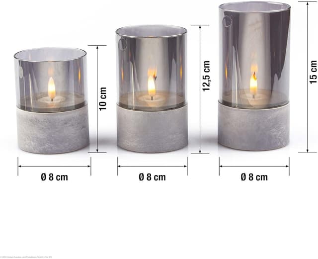 Detalle 2 de Hellum candele LED con timer grigio, set da 3 (10/12,5/15 x 8 cm, HxØ) 151992