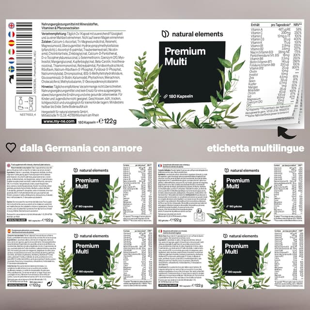 Detalle 2 de Natural Elements Premium Multi: multivitaminico ad alto dosaggio con 180 capsule