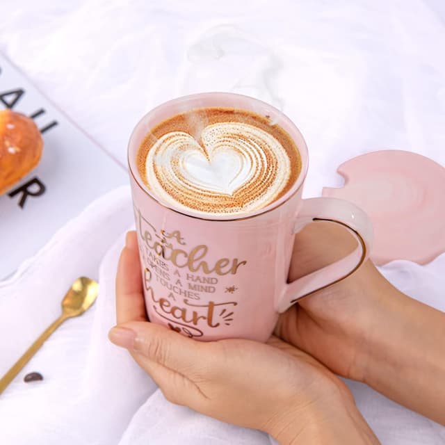 Detalle de Pink Marble 14 oz Teacher Appreciation Mug Gift Set for Women (Includes Lid, Spoon & Card)