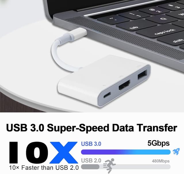 Detalle 2 de APKLVSR MFi-zertifizierter USB-C HDMI Adapter 3-in-1 (4K HDMI, 100-W PD, USB 3.0 Hub) – Plug & Play