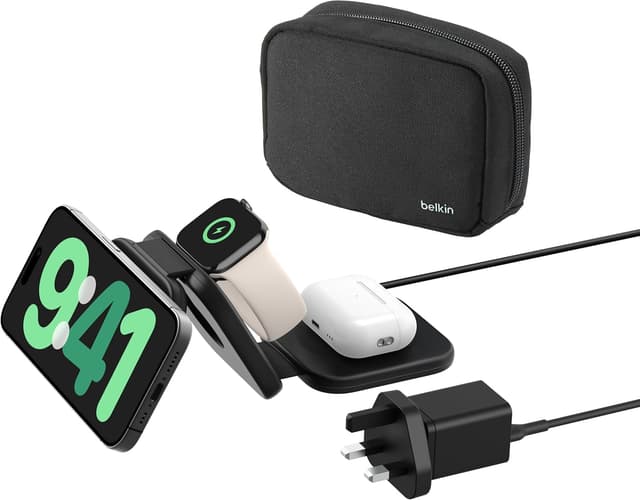 Detalle de Belkin BoostCharge Pro Foldable Qi2-Certified 3-in-1 Wireless Charger Travel Pad (MagSafe-compatible, up to 15W)