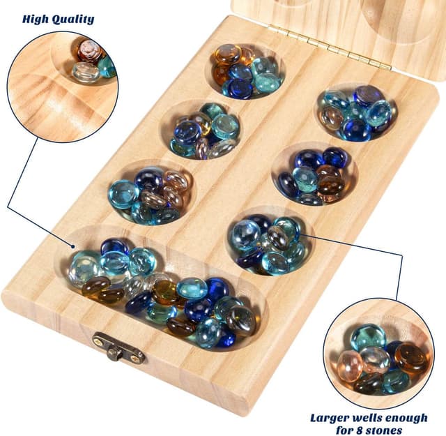 Detalle 2 de AMEROUS Wooden Mancala Board Game Set (Folding Board) with Glass Stones – Portable Mancala Instructions & Gift Package