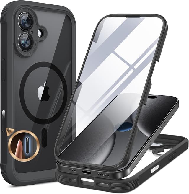 Detalle de Miracase 360° Schutzhülle für iPhone 17 mit MagSafe und integriertem 9H-Glas-Displayschutz (Schwarz, 6,3 Zoll)