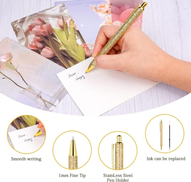 Detalle 2 de Set AUAUY da 7 penne a sfera retrattili con glitter e inchiostro nero