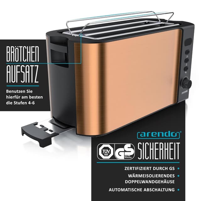 Detalle de Arendo Edelstahl-Langschlitztoaster für 4 Scheiben mit Defrost-Funktion und Restzeitanzeige (1500 W)
