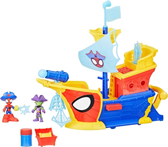 Detalle de Spidey and His Amazing Friends Marvel Water-Webs Webs Ahoy Pirate Ship Bubble Pirate Ship Playset (3-inch figures)