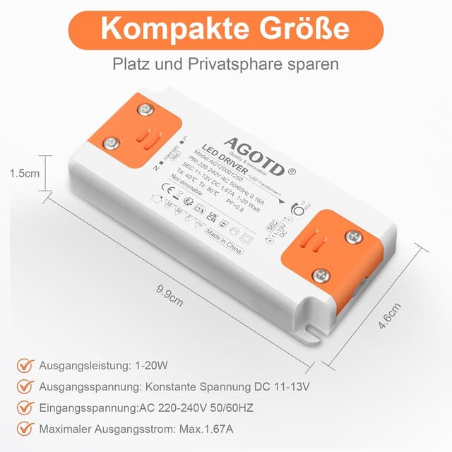 Detalle 2 de LED Trafo 12V 1,67A Transformator 230V auf 12V für 1–20W LEDs (MR11 G4 MR16 GU5.3) – flimmerfrei