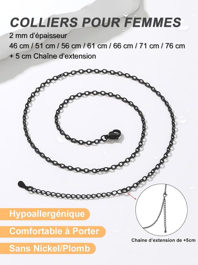 Detalle 2 de Collier ChaînesPro pour femme en acier inoxydable 2 mm, design rolo simple (46 à 76 cm) – argenté, or, or rose ou noir