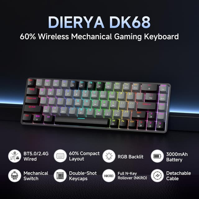 Detalle 2 de Dierya DK68 Tastiera Gaming Wireless 60% (Bluetooth/2.4G, USB-C, RGB) con switch Blu