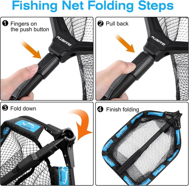 Detalle 2 de PLUSINNO Floating Fishing Net Landing Net (Rubber-Coated, Foldable) for Kayak, Steelhead, Salmon, Trout & More