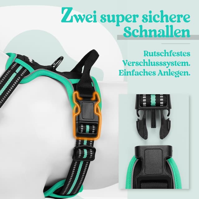 Detalle 2 de rabbitgoo Hundegeschirr Größe XL mit Anti-Zug & Schnellverschlüssen – verstellbar, atmungsaktiv und mit Reflexstreifen (schwarz & grün)