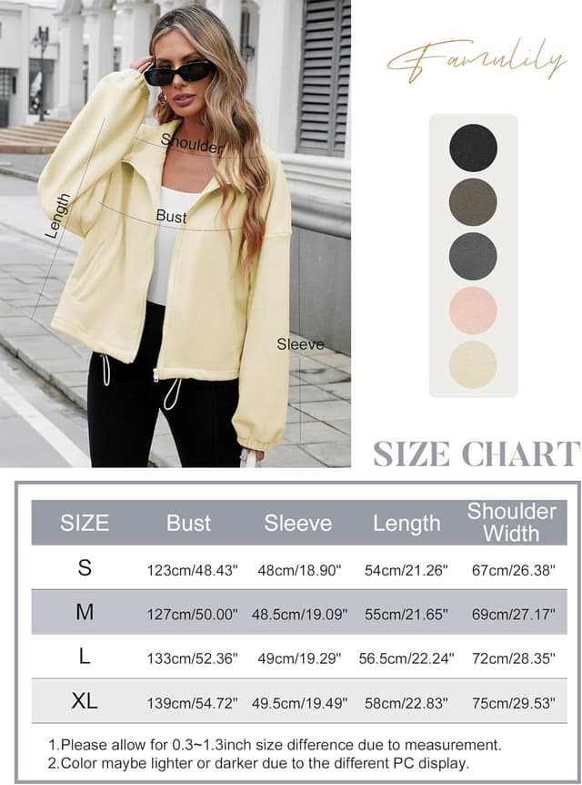 Detalle de Famulily women’s drawstring hem full-zip fleece cropped sweatshirt jacket with pockets (S–XL)