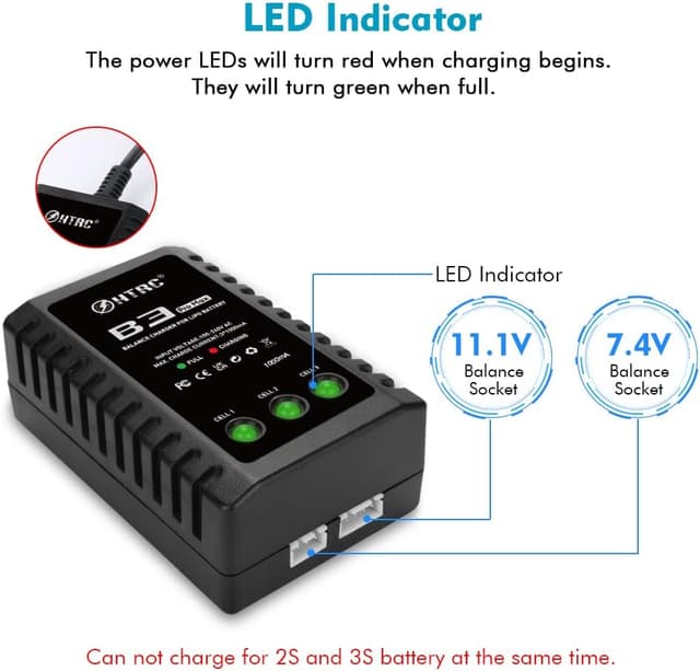 Detalle de Haisito B3 ProMax Lipo-Ladegerät für 2S/3S Lipo-Akkus (7,4 V / 11,1 V) – kompaktes Schnellladegerät für RC