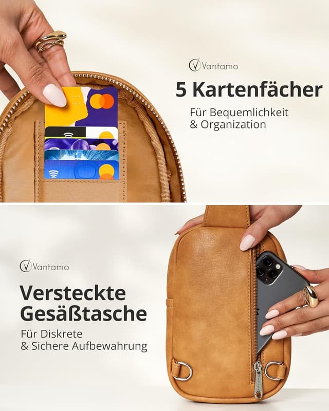 Detalle 2 de Vantamo Damen-Umhängetasche mit RFID-Blockierung & Anti-Taschendiebstahl-Clip – veganes Leder