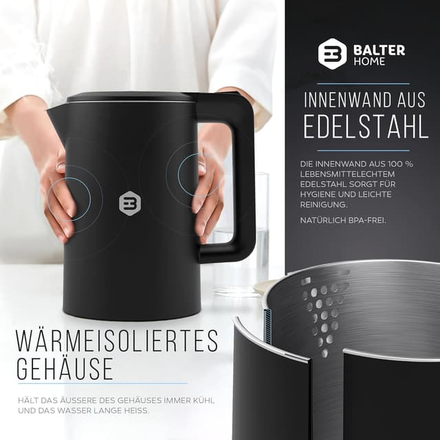Detalle de Balter Wasserkocher Edelstahl WK-4 (1,7 Liter) mit Doppelwand, LED & Sicherheitsfunktionen – kompakter Teekocher in Schwarz