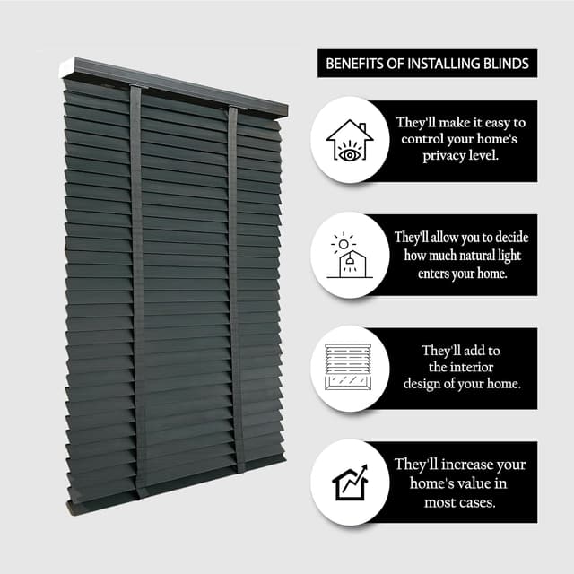 Detalle 2 de funky gadgets Faux Wood Grain Venetian Blinds (Dark Grey Embossed, 50mm slats) – 90cm x 150cm