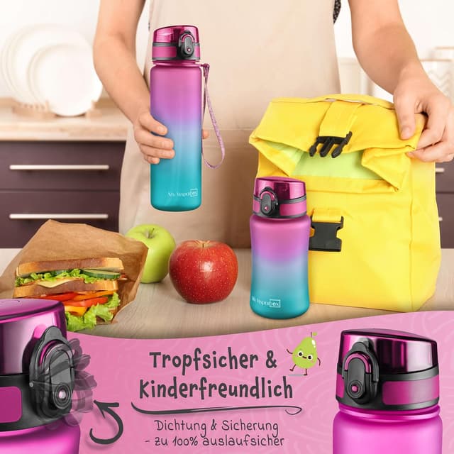 Detalle 2 de My Vesperbox® Trinkflasche Kinder 500 ml – auslaufsicher, kohlensäuregeeignet inkl. Ersatzdichtung