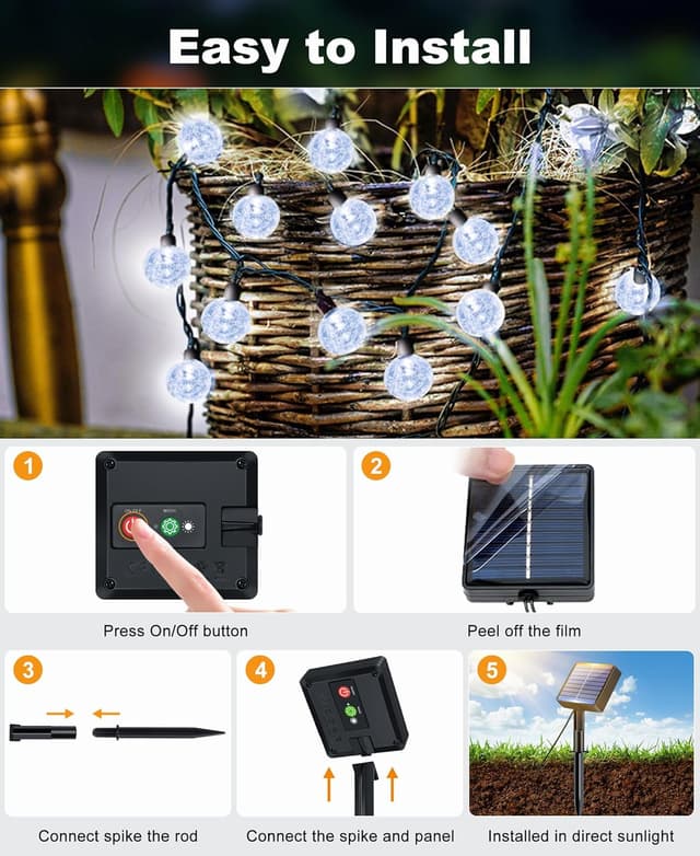 Detalle de btfarm Solar Garden String Lights (12.5m/41ft, 50 LED) – Waterproof Crystal Ball Fairy Lights with 8 Modes