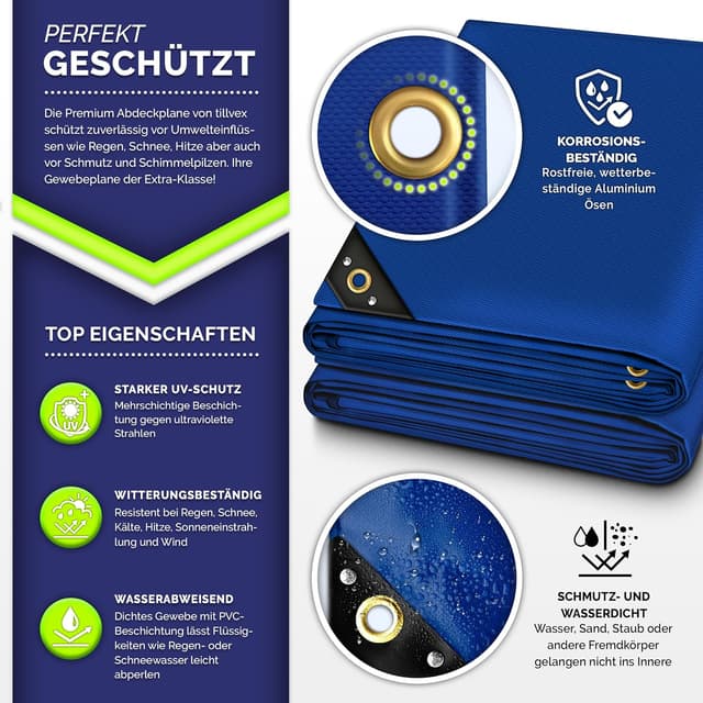 Detalle 2 de tillvex® Abdeckplane mit Ösen (Grau) 5x7 m: wasserdichte PVC-Gewebeplane mit 10 Spanngummis & 15 m Seil
