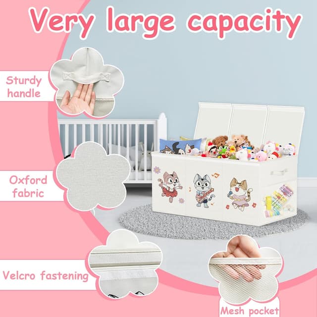 Detalle de VERONLY Spielzeugkiste mit Deckel für Kinder (128 L, 96 x 34 x 39 cm) – klappbar, Oxford, Beige