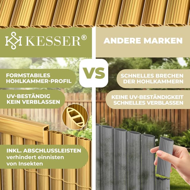 Detalle de KESSER PVC Sichtschutzmatte 100×300 cm für Balkon & Terrasse – blickdichte Windschutz-Lamellen mit Kabelbindern