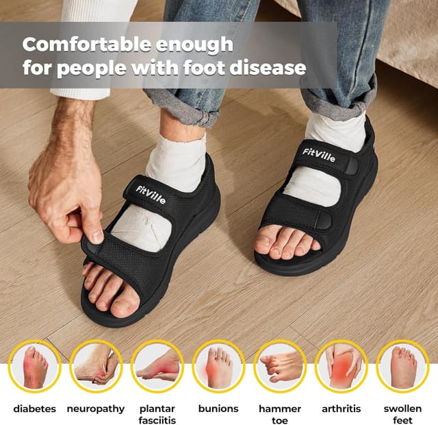 Detalle de FitVille Weit Offene Diabetiker-Sandalen für Herren mit Klettverschluss – orthopädische Reha- & Verbandsschuhe