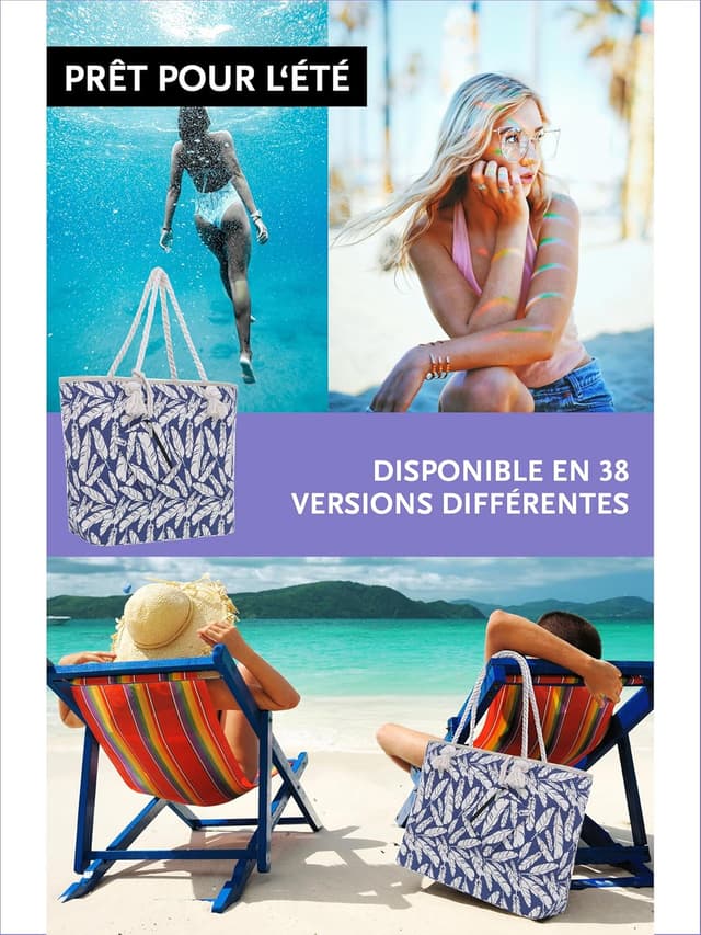 Detalle de DonDon Grand sac de plage imperméable avec fermeture à glissière et bandoulière