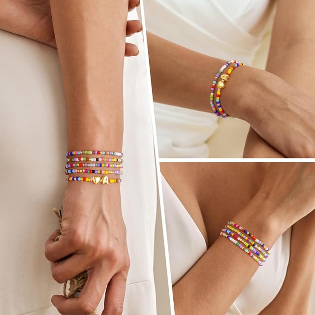 Detalle de TINGN lot de 5 bracelets de perles colorées empilables avec lettres, style bohème