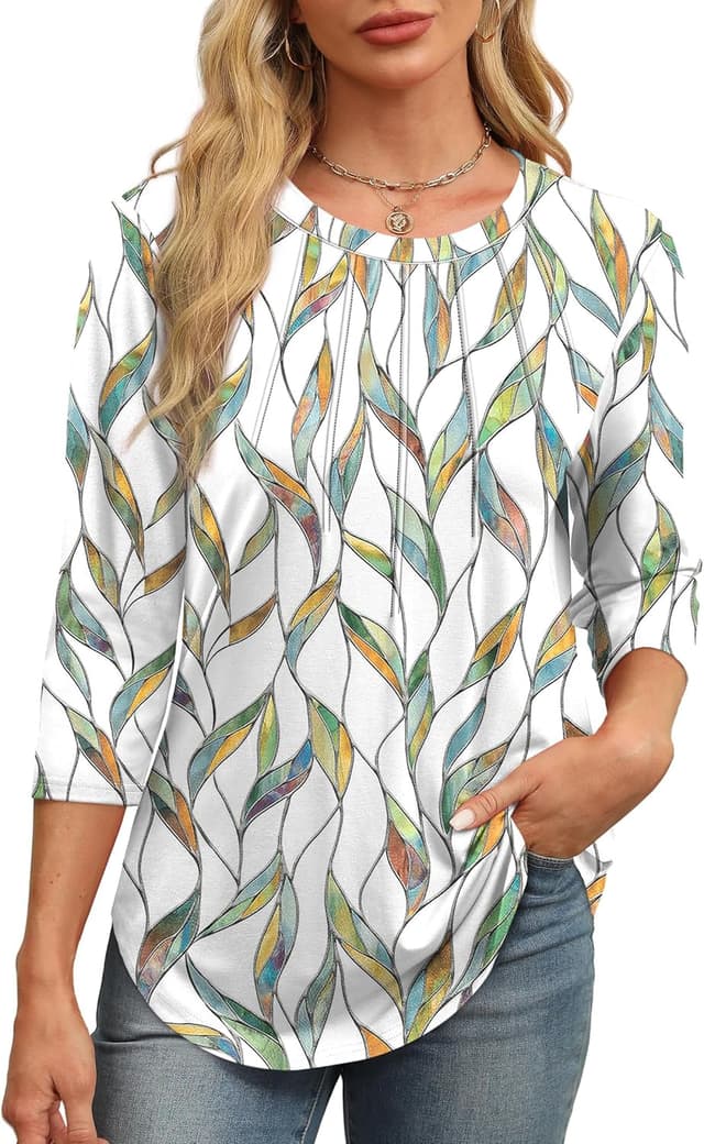 Detalle 2 de Aokosor Womens 3/4 Sleeve Pleated Crew Neck Tunic Blouses