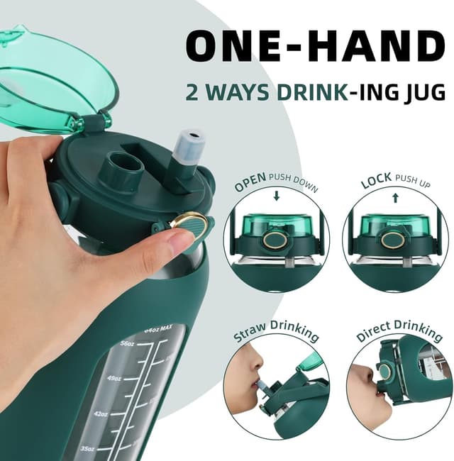 Detalle 2 de Glass Water Bottle with Straw and Handle Lid (Half Gallon / 74oz) – Time Marker Motivational Reusable Jug