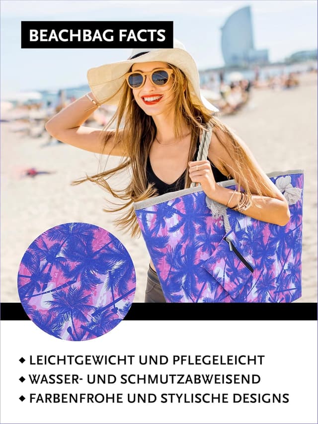 Detalle 2 de DonDon Strandtasche XXL mit Reißverschluss 58 cm