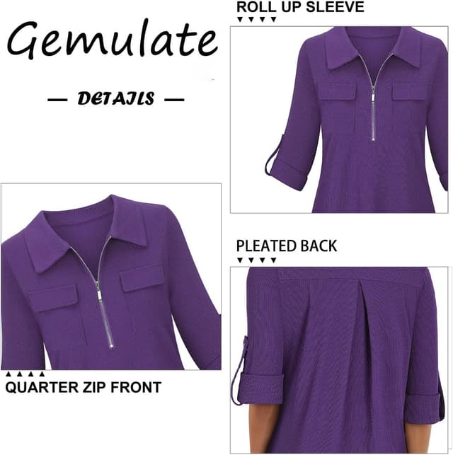 Detalle de Gemulate women’s 3/4 sleeve polo top with floral print and zip V-neck