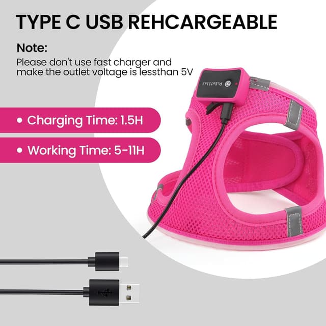 Thumbnail 4 de Light Up Dog Harness with Rechargeable LED (Waterproof, Reflective) – Pink XS