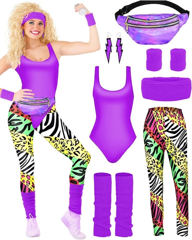 Detalle de BIQIQI 80er Jahre Damen-Set: Retro Trainingsanzug Kostüm mit Trikot, Leggings, Stirnband & mehr