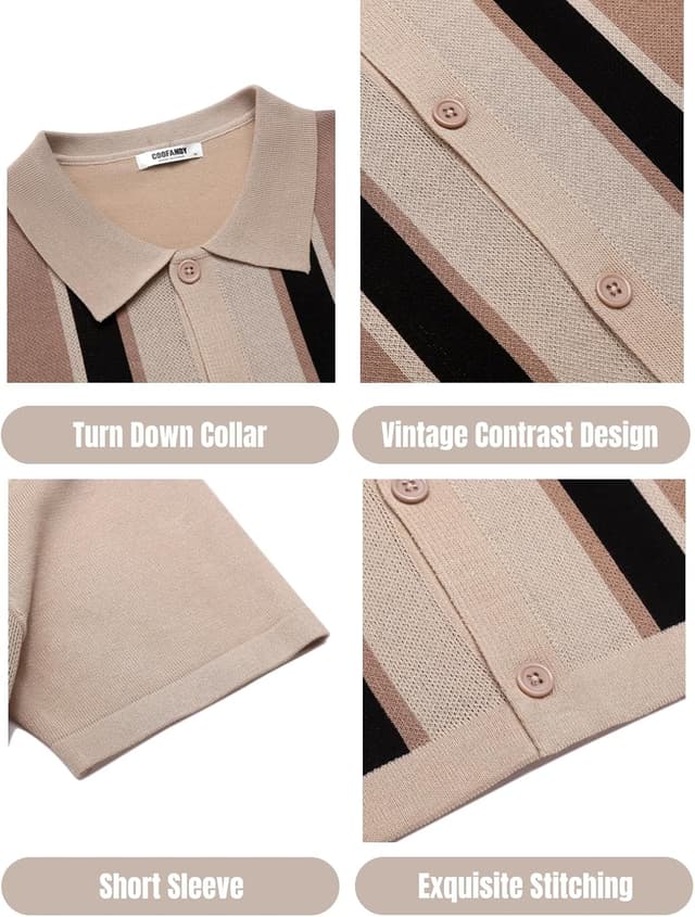 Detalle de COOFANDY Men’s Vintage 2-Piece Knit Polo & Beach Shorts Set (Short Sleeve Button-Down)