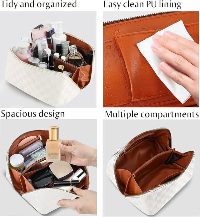 Detalle 2 de HurLuksi Hurluksi Makeup Bag – PU travel cosmetic bag in white with dividers and handle