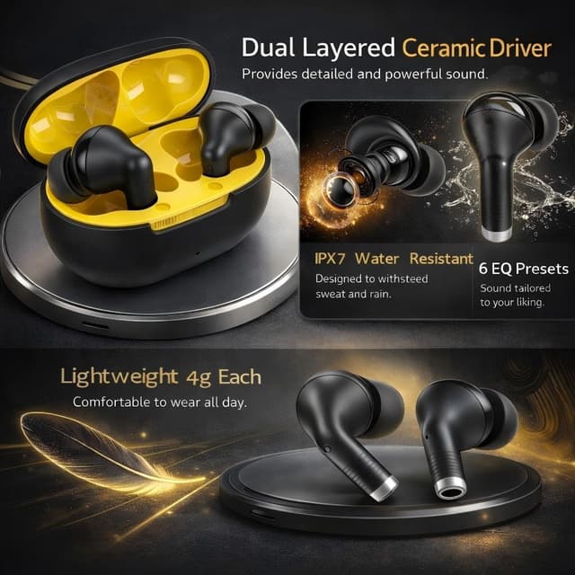 Detalle de PWTEK Wireless Earbuds 2026 (Bluetooth 5.4) with IPX7, Touch Controls & USB-C Fast Charging