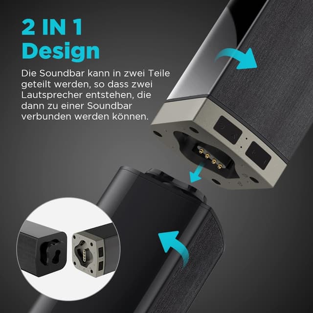Detalle de HoYLluDLL 2.0-Kanal Soundbar für TV (abnehmbare 2-in-1 Soundbar, Bluetooth, ARC/optisch/Aux, 3 EQ-Modi)
